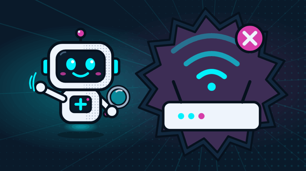 Comic-Maskottchen Bit sitzt neben einer Xbox-Konsole und einem Router mit schwachem WLAN-Signal